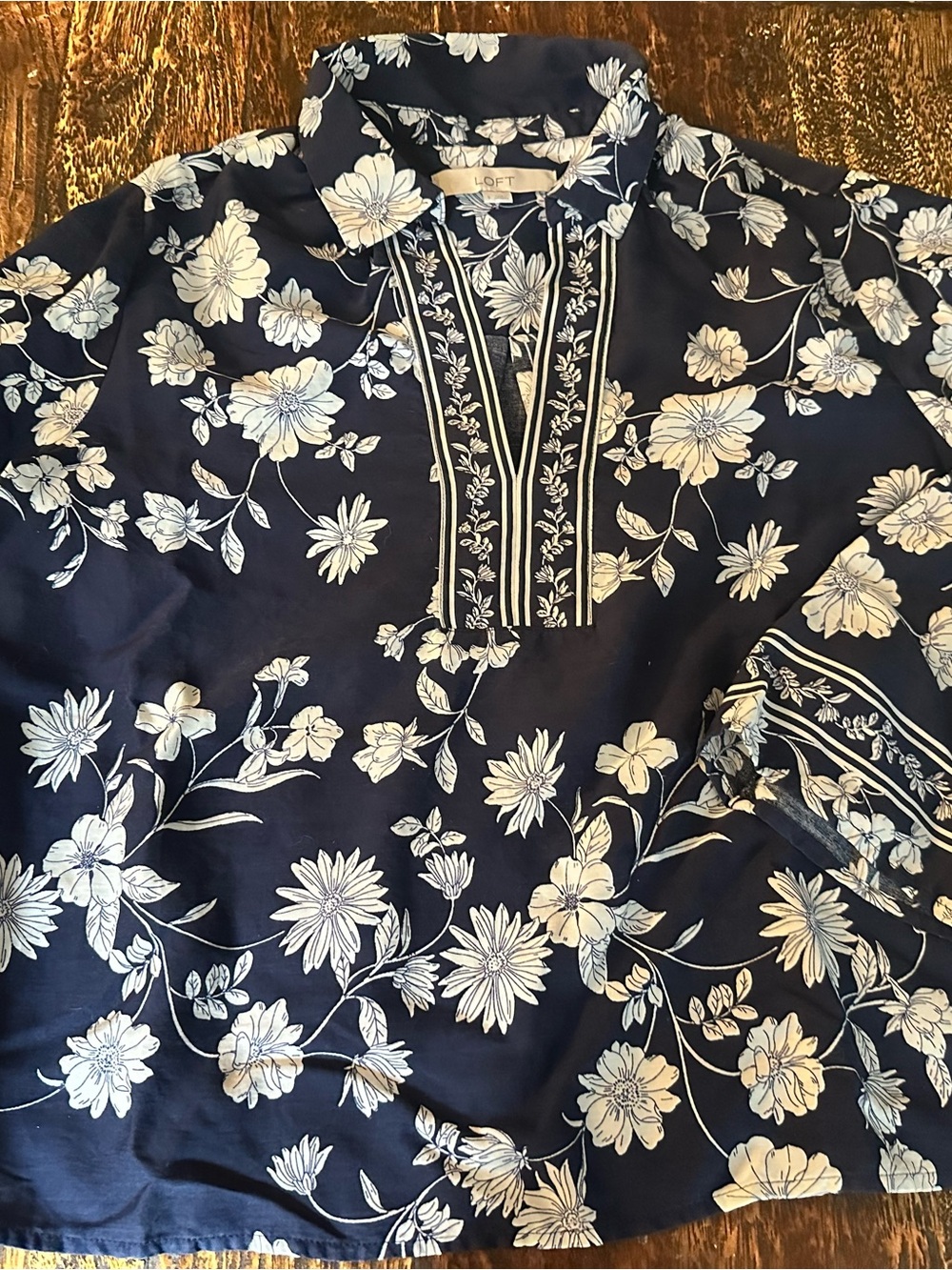 LOFT Navy Blue and White Floral Button-Down Casual Shirt